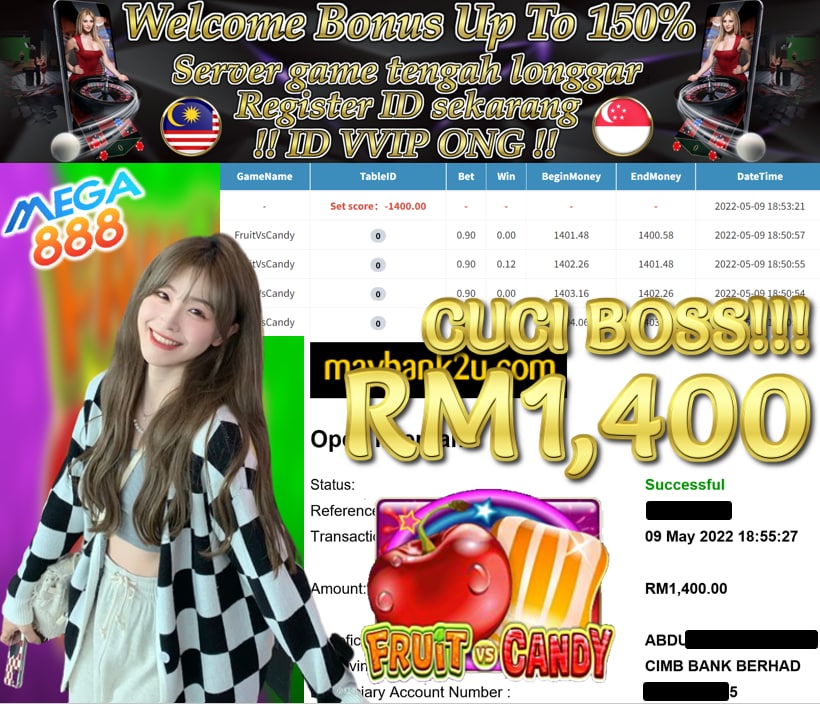 MEMBER MAIN MEGA888 FRUITVSCANDY CUCI RM1,400 !!