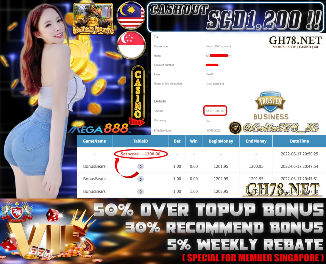 MEGA888 '' BONUS BEARS '' CUCI SGD1,200 ♥