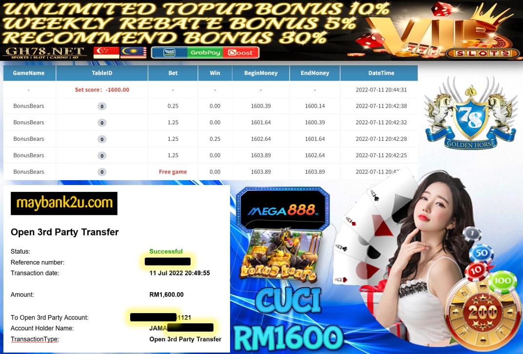 MEGA888 '' BONUS BEARS '' CUCI RM 1,600 ♥