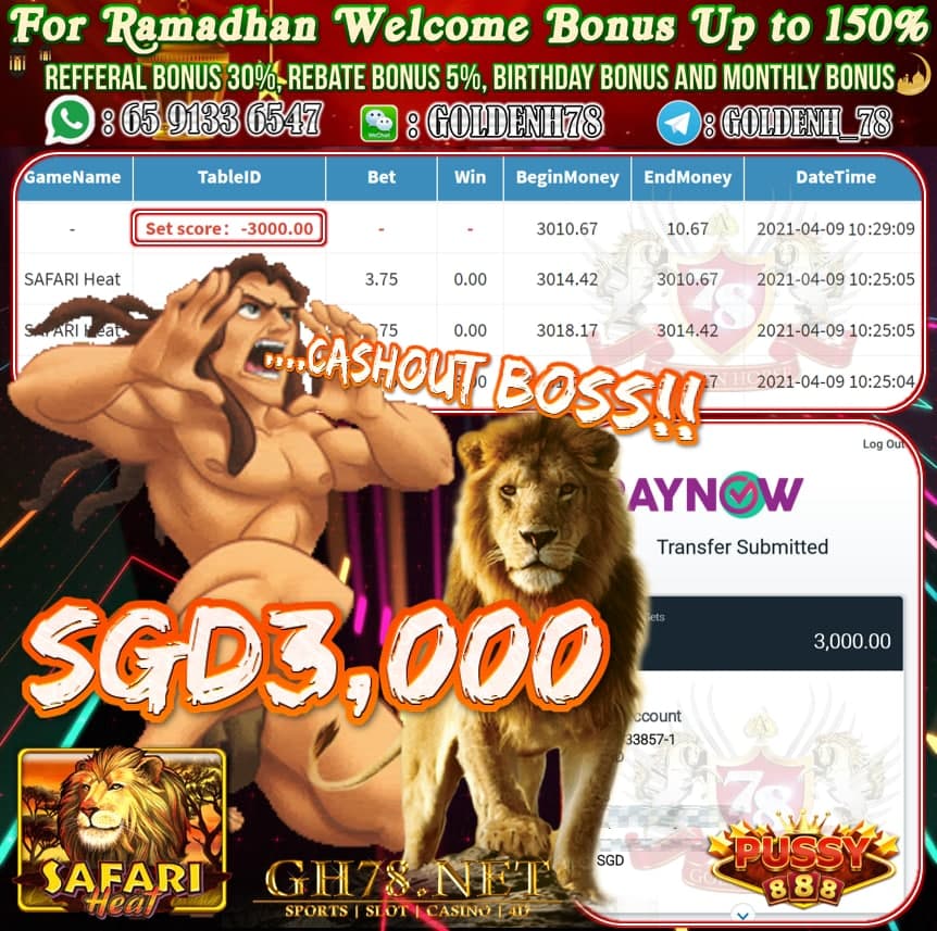 PUSSY888 SAFARI HEAT GAME CASHOUT $S3000