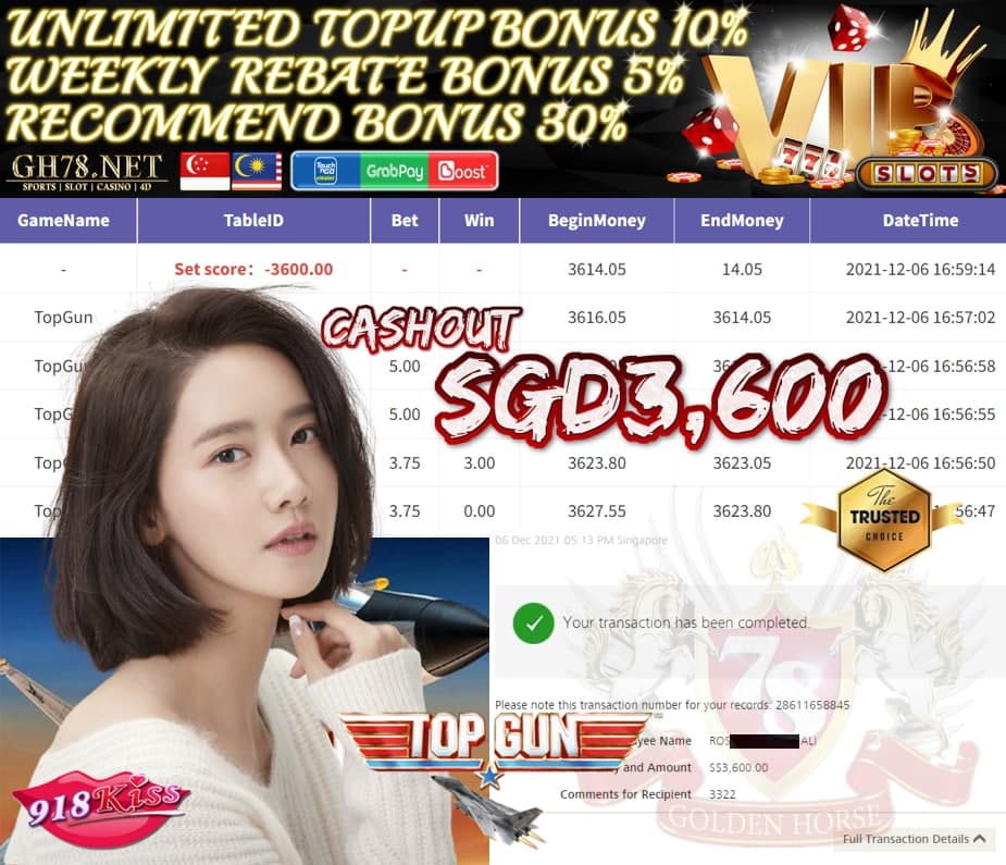 918KISS MEMBER PLAY GAME TOP GUN CASHOUT SGD3,600 ♥